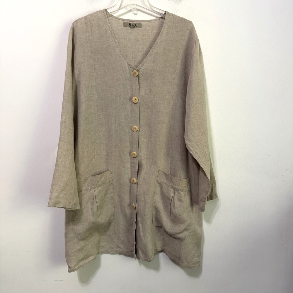 FLAX 100% Linen Tunic Top Blouse L Minimal Long Sleeve Button Front Lagenlook